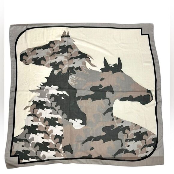 RANI ARABELLA Horse Racing Scarf Shawl Beige Taupe Cashmere Silk Wool ITALY 51” - Picture 1 of 15